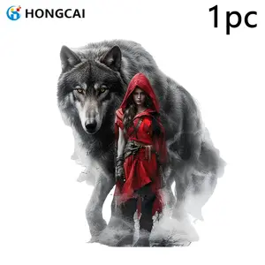Gothic Fantasy Heat Transfer Sticker, Hat Girl and Giant Wolf, DIY Fashion Patch, Water-Resistant, High Adhesion, for T-Shirts and Jackets