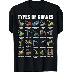 GGOR Retro Construction Crane T-Shirt - Heavy Graphic Tee with Types of Cranes Chart, Machine Washable Round Neck Shirt Suitable for Builders, Engineers & Construction Workers, Casual Apparel for Seasons