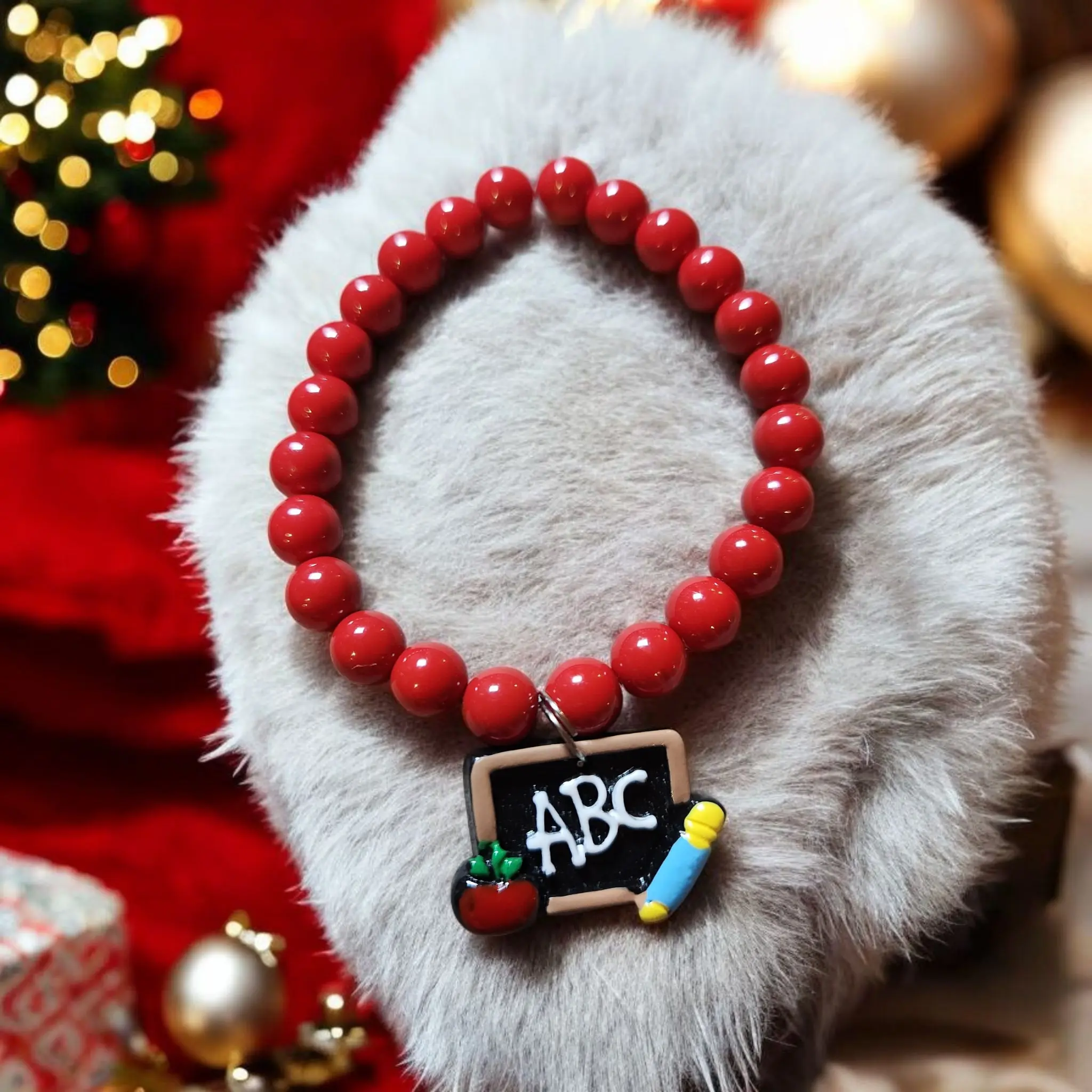 Red Beaded Bracelet With ABC Teacher Charm