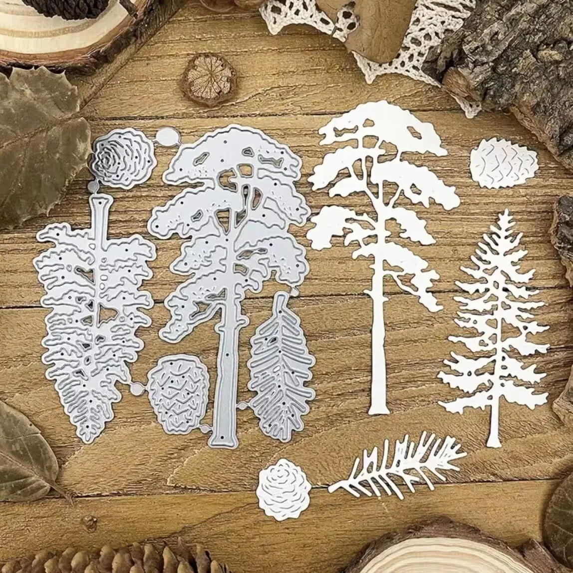 Pine Tree & Cone Metal Cutting Die - Features pine tree, pinecone and pine branch shapes. Compatible with die-cut machines, it's ideal for forest-style greeting cards, journal decor, Scrapbooking, creating handmade works, Scrapbooking Tool