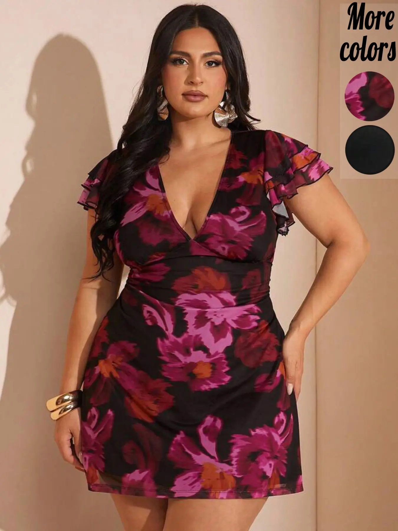 1-Piece Flutter Sleeve V-Neck Bodycon Mini Print Dress, Romantic Date Night Chic Style, Stretchy Mesh Fabric & Ruched Waist Detail, Women's Plus-Size Dresses for Curvy Women, Perfect for Club Parties & Cocktail Events