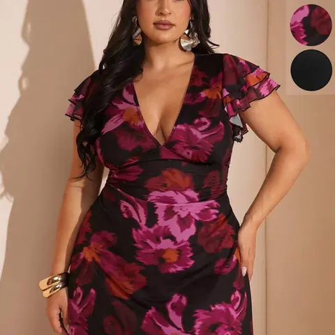 1-Piece Flutter Sleeve V-Neck Bodycon Mini Print Dress, Romantic Date Night Chic Style, Stretchy Mesh Fabric & Ruched Waist Detail, Women's Plus-Size Dresses for Curvy Women, Perfect for Club Parties & Cocktail Events, V Neckline Design