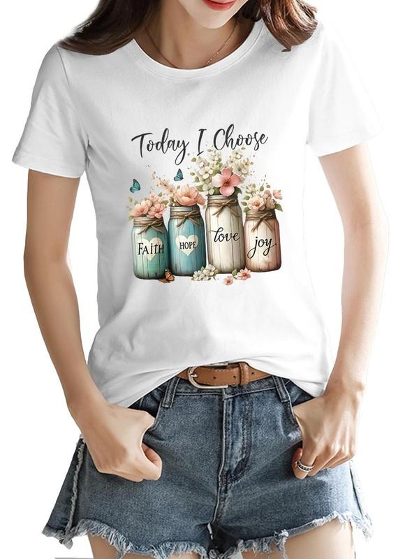 Sohochic Women's Basic Fitted Pure Cotton Crew Neck T-Shirt - Short Sleeves, A-Type Backless, Breathable Fabric Outdoor Style Top with Faith Hope Love Wildflower Butterfly Motif (All Sizes)