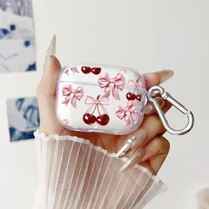Cherry Bows Pattern TPU Soft Protective Case for Apple AirPods 4/3/2/1/Pro/Pro2 Transparent Earphone Cover with Keychain Attachment