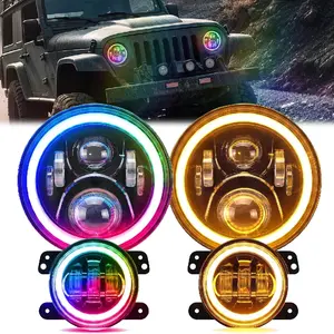 RGB Halo Headlights with Amber Turn Signal & Fog Light Kit for 2007-2018 Jeep Wrangler JK ，6000K High/Low Beam, Bluetooth-Controlled RGB, 50,000 Hour Lifespan Ultra Bright LED Headlight Upgrade Kit
