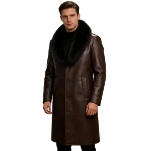 Men's Brown Faux Leather Long Coat Large Fur Collar Warm Winter Trendy Casual Luxury Soft Lined Outerwear