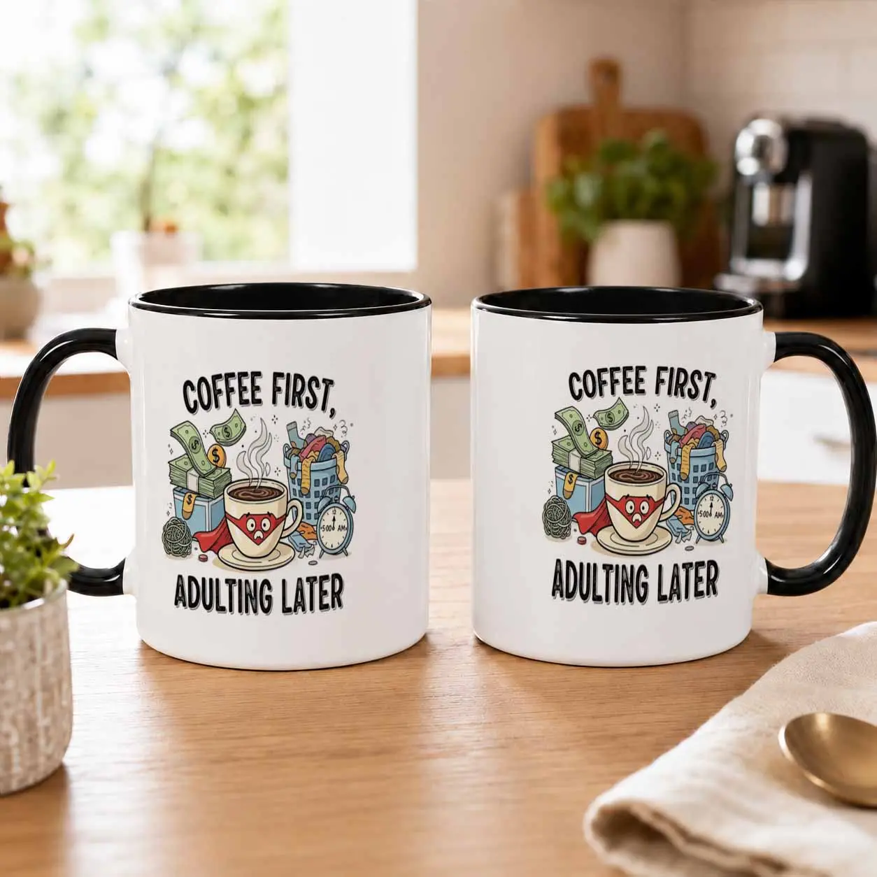 Everyday Round Ceramic Coffee Mug - Multi-Size (11oz/15oz), Funny Morning Routine Graphic Print, Durable Microwave & Dishwasher Safe, Ideal Gift for Coffee Lovers