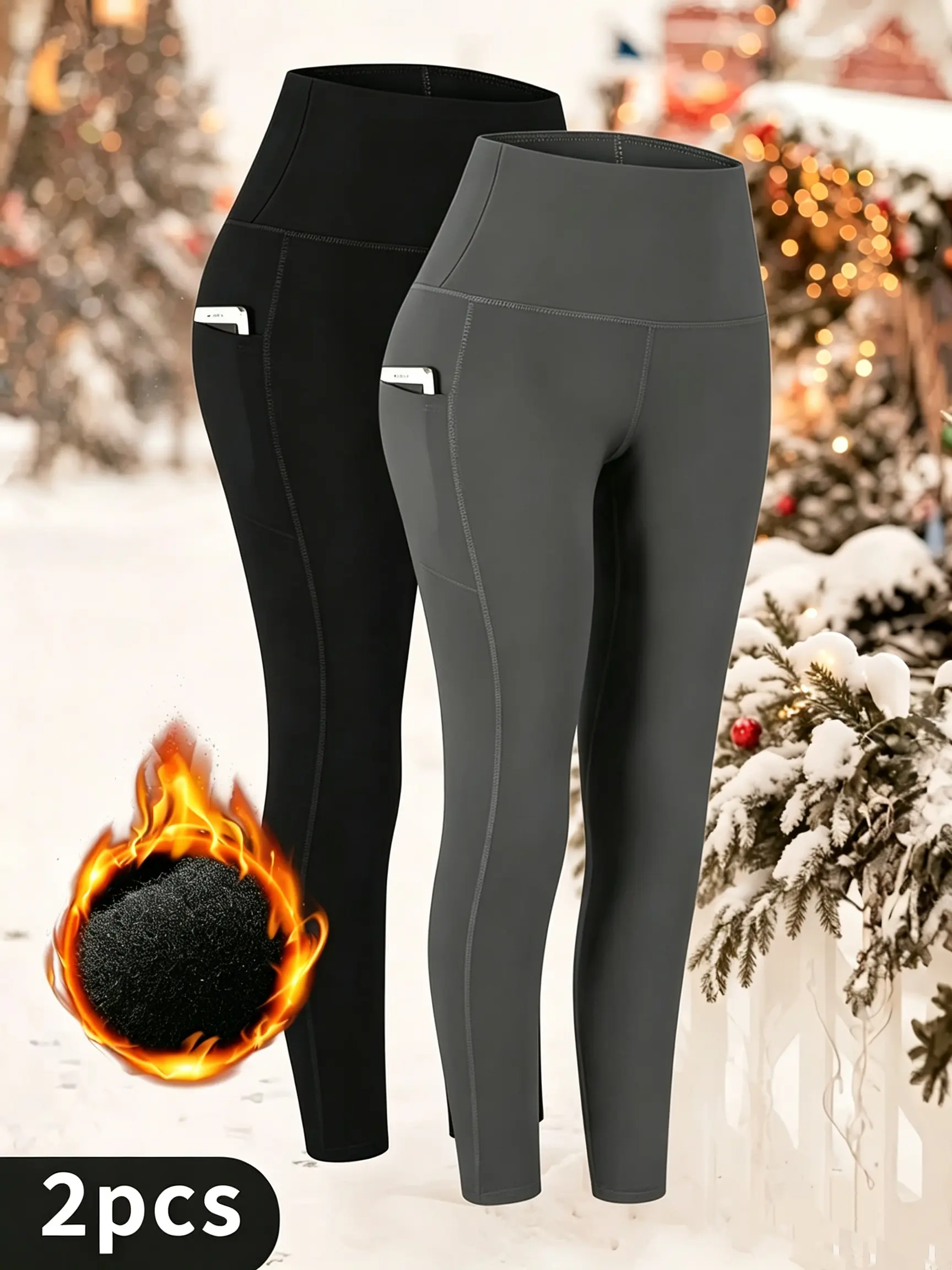 2Pack Womens Thermal Fleece Lined High Waisted with Pockets Leggings, Workout Winter Warm Thick Tights Soft Yoga Running Pants
