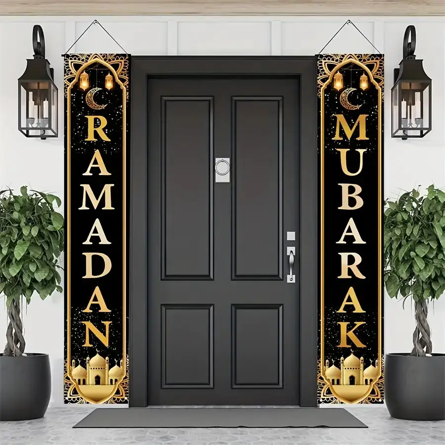 2D Flat Banner for Ramadan, Gold Moon Lantern Design for Front Door, Perfect Decoration for Ramadan Iftar Party
