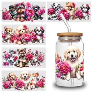 5 Sheets Puppies Flowers UV DTF Stickers Suitable for 16 oz Glass Cups Decoration for 16 oz Tumbler Waterproof Rub on Transfers Waterproof Decals side  eyes  sticker