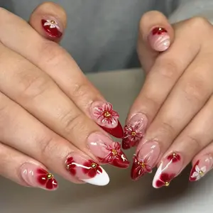 24pcs Almond Shape French Gel Flower Gold Pearl Press-On Nails Set, Includes Jelly Glue and Nail File, Easy Wear, Perfect for Parties