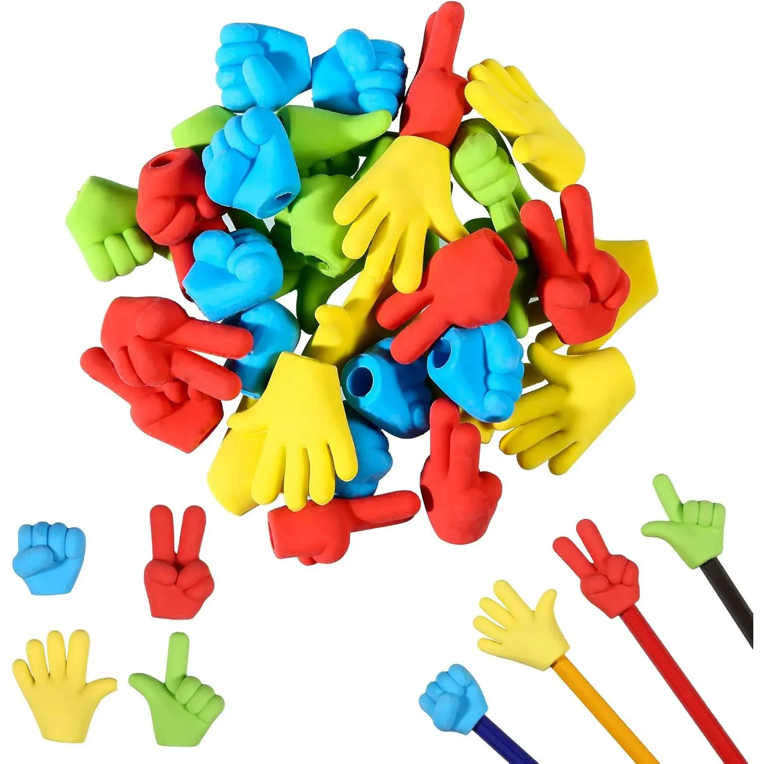 Kids' 36-Piece Rock Paper Scissors Eraser Toppers - Bulk Fun Cute School Supplies Erasers in 4 Colors, 36 Pieces, Pencil Eraser Toppers