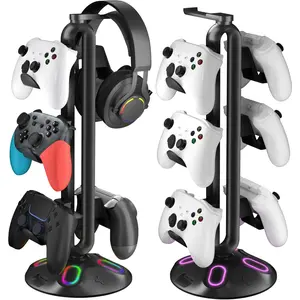 GJ F-CPS13  Gaming RGB Headphone Stand, Controller Holder with 9 Light Modes and 2 USB Charging Ports and 3.5mm & Type-C - Controller Stand Hanger Accessories for Desk and Gamer(Black) A