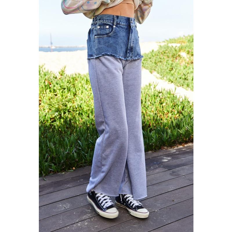 Davi & Dani Raw Hem Denim Patchwork Wide Leg Pants