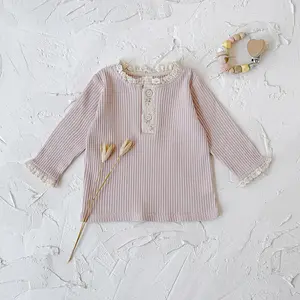Versatile Basic Spring/Autumn Baby Outfit with Floral Lace Trim and Button Design - Comfortable, Soft Pink Fashion Toddler Top