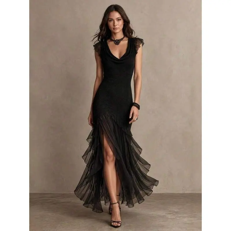 Women's Chic Elegant Formal Black Glitter Cowl Neck Ruffle Cap Sleeve Sheer Chiffon High Slit Mermaid Bodycon Maxi Evening Gown with Flattering Fit Premium Fabric