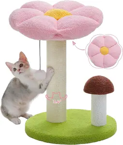 PETEPELA Cat Scratching Post, Mushroom Cat Scratcher Cute Cat Tree Tower with Thick Scratching Post & Removable Flower Cats Bed [Dia=15.7''], Tall Post for Kittens and Indoor, Pink