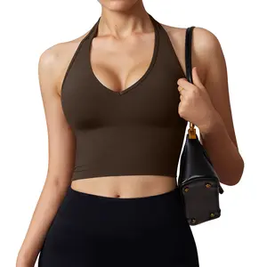 OYV Women's Impact Halter Tank Top Longline Backless Scoop Neck Built-in Bra Sports Workout Gym Crop Top