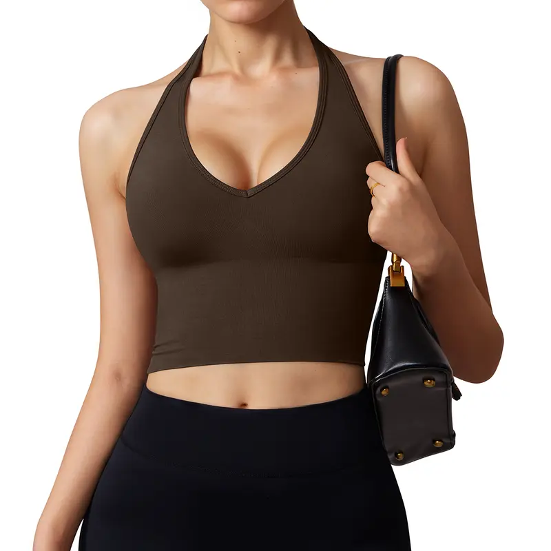 OYV Women's Impact Halter Tank Top Longline Backless Scoop Neck Built-in Bra Sports Workout Gym Crop Top