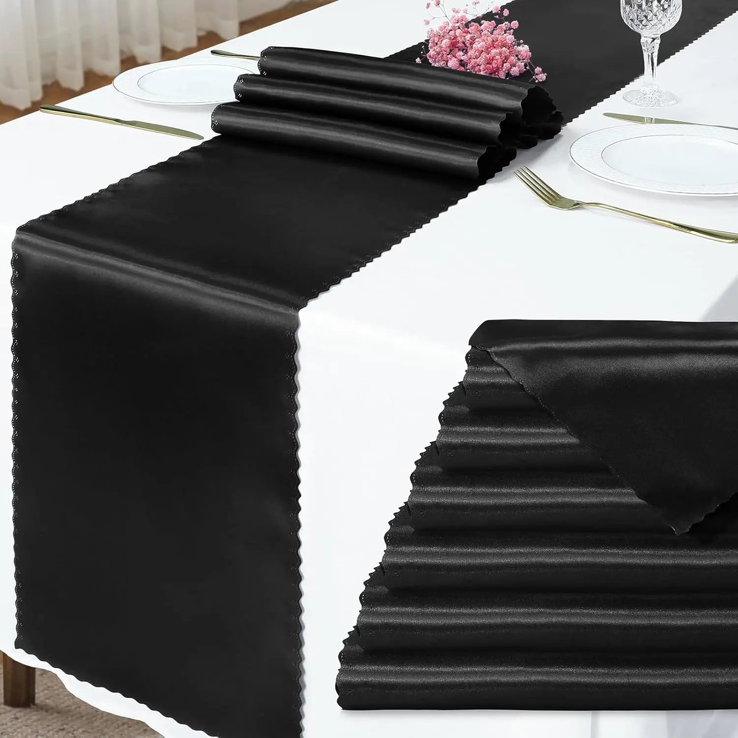 6 Pack Black Satin Table Runner 12 x 72 Inch Long,Bright Smooth Table Runner with Scalloped Edges,Silky Dinner Table Runner Decorations for Weddings,Banquet,Birthday Parties,Graduations