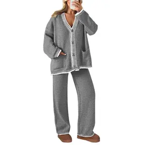 Women's two-piece winter knitted suit casual wear long sleeved V-neck cardigan sweater wide leg pants sportswear