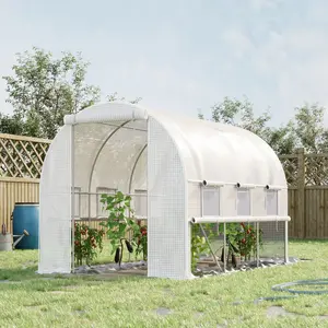 Portable Walk-in Greenhouse 9.7‘x6.5’x6.5‘ White with Tear-Resistant PE Cover & Arch Steel Frame, Roll-Up Zipper Door with Mesh, Side Windows, Ground Stakes & Ropes Included, Protects Plants from Wind, Cold, and UV Outdoors