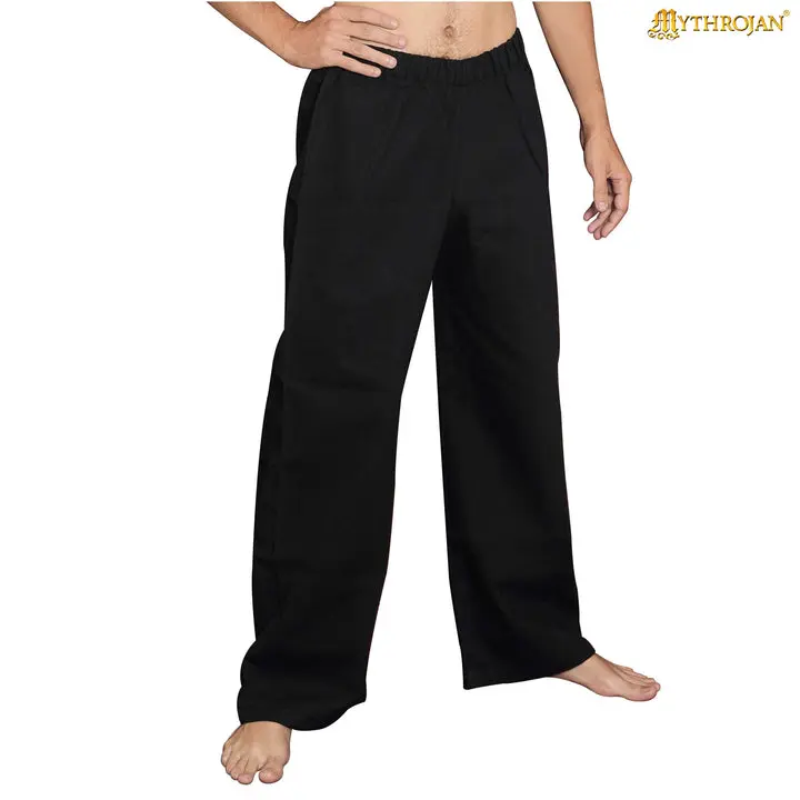 Mythrojan Men's Black Cotton Canvas Pants - Medieval Viking Knight Pirate Costume Trousers with Baggy Relaxed Loose Plain Fit for Special Occasions
