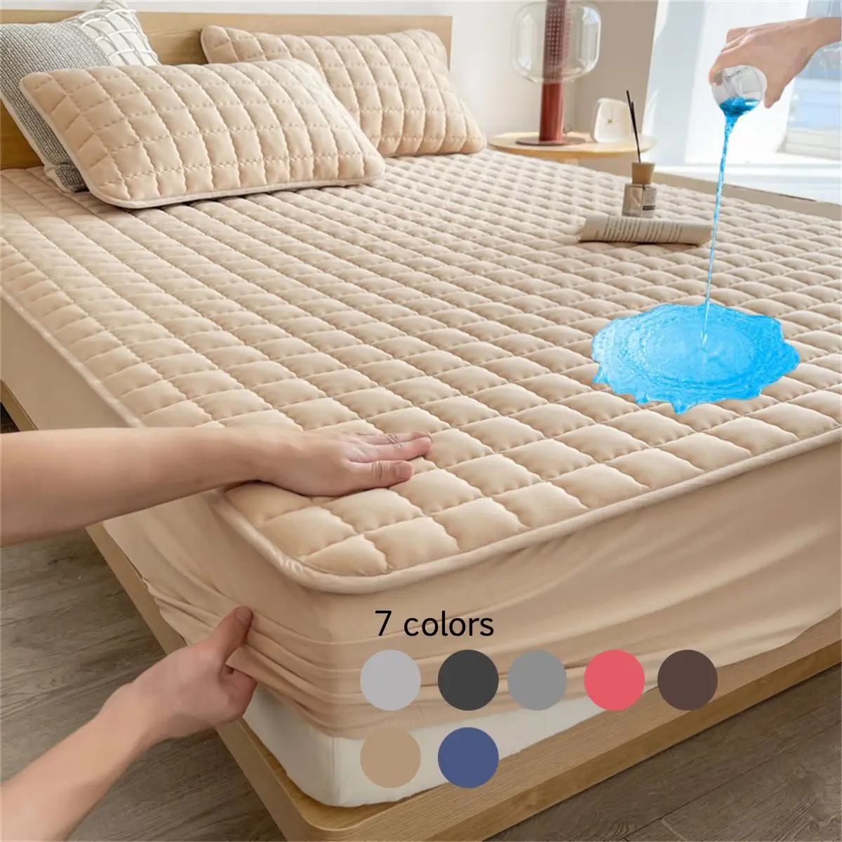 Solid Color Waterproof Plaid Textured Fitted Sheet, Soft Simple Bedding Quilted Mattress Cover for Bedroom, Pillow Case without Filler, Summer Bedroom