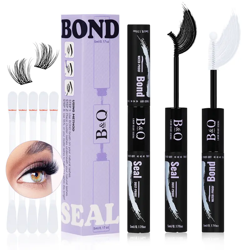 B&Q Waterproof Lash Cluster Adhesive - Latex-Free Gentle Formula, Salon-Grade Stronghold, 48-72H Long Lasting, Smudge Proof, Removable for DIY Eyelash Extension, Clear/White/Black Cosmetic Gel, Mascara Brush Compatible, #SohoChic