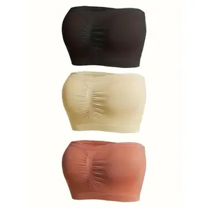 3-Pack Elegant Black Bandeau Bra Tops, Anti-Slip Gathered Chest Wrap, Seamless Strapless Breathable Lingerie Set