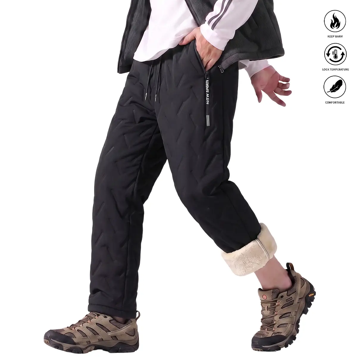 Men's sonic-quilted sherpa pants, relaxed straight-leg with elastic drawcord and zippered pockets, perfect for sub-zero commutes, weekend camping, or home lounging – crafted from durable polyester shell, insulating batting