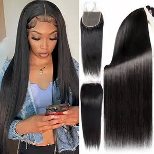 Qucik Weave Straight Hair Bundles With Closure  Virgin Human Hair Bundles With Closure 4x4 Inch