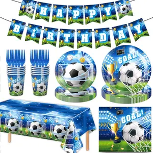 Football Theme World Cup Sports Event Tableware, Disposable Paper Cups, Napkins, Pull Flags, Tablecloth Decorations, Perfect for Parties