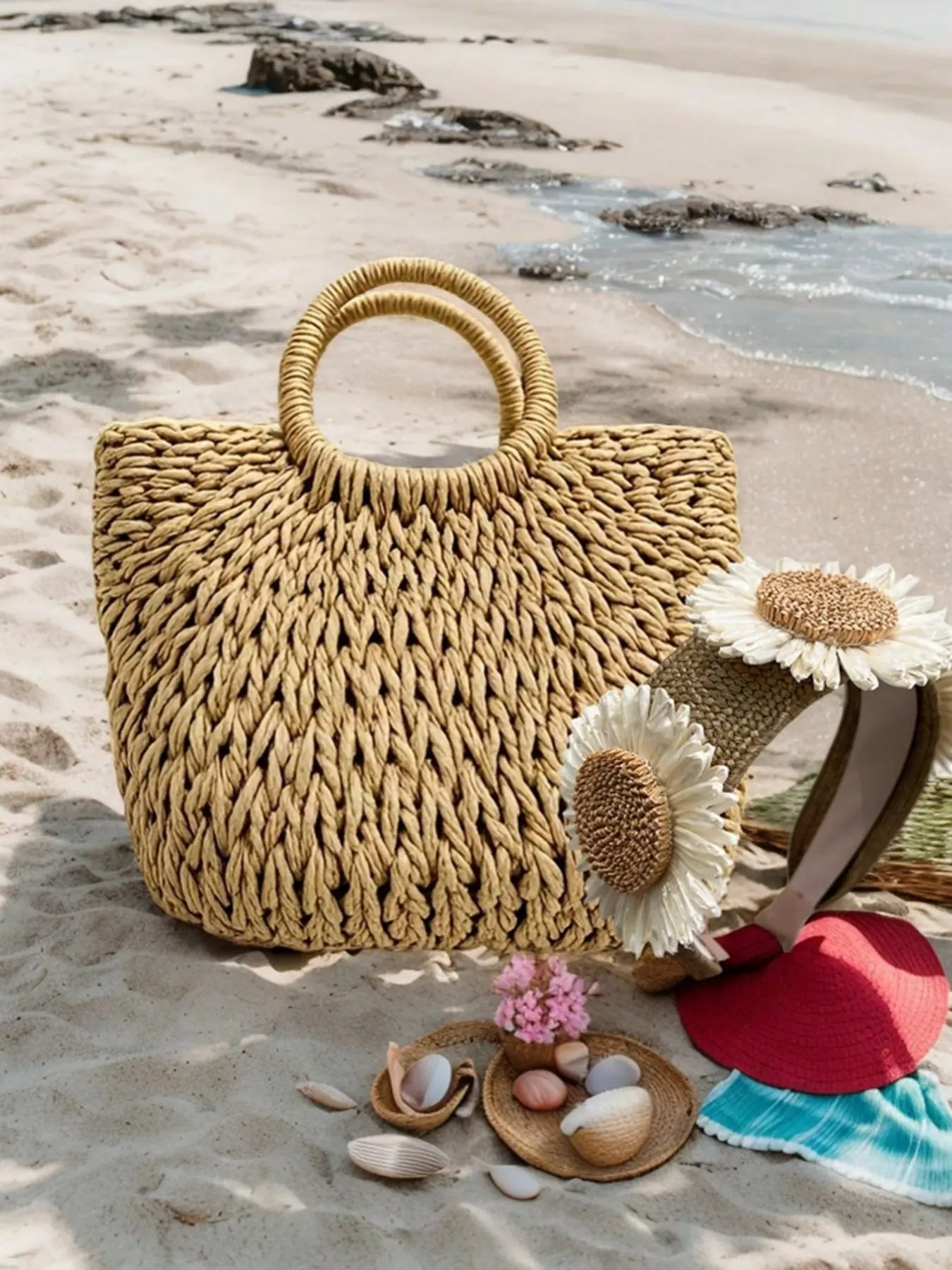 Handmade Woven Grass Handbag with Flower Headband, Round Handles, Natural Rattan Design, No Lining, Beach Accessory, Perfect Gift for Women