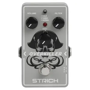 STRICH OVERKILLER Metal Distortion Pedal for Electric Guitar, Compact Mini Unit, True Bypass, 3 Control Knobs, Volume, Filter, Distribution, Three Modes, Solo, Turbo, Normal, 9V DC, Grey White
