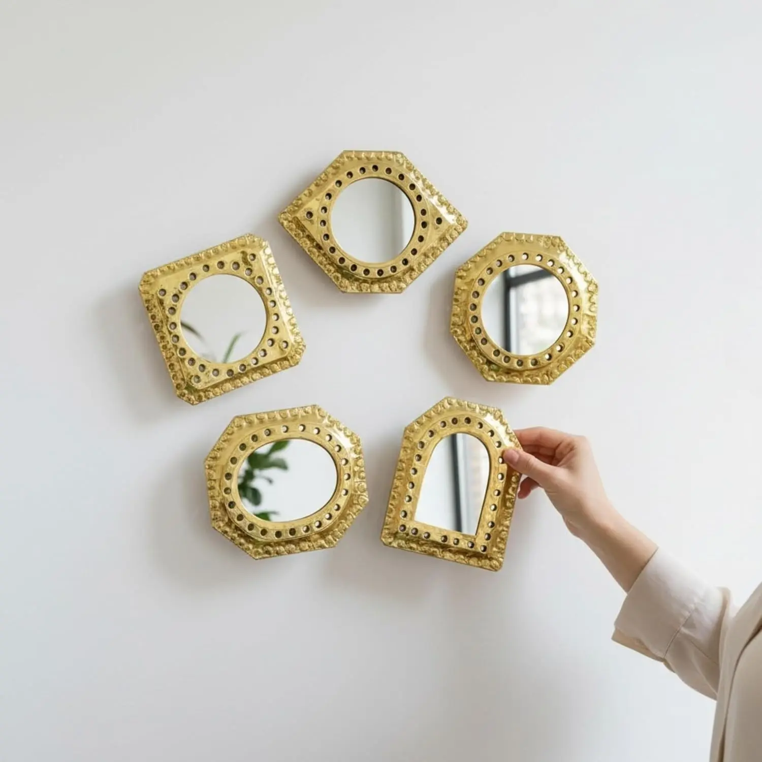 Set of 5 Small Decorative Gold Brass Handmade Wall Mirrors with Mixed Shapes for Living Room Bedroom Home Wall Hanging Decor