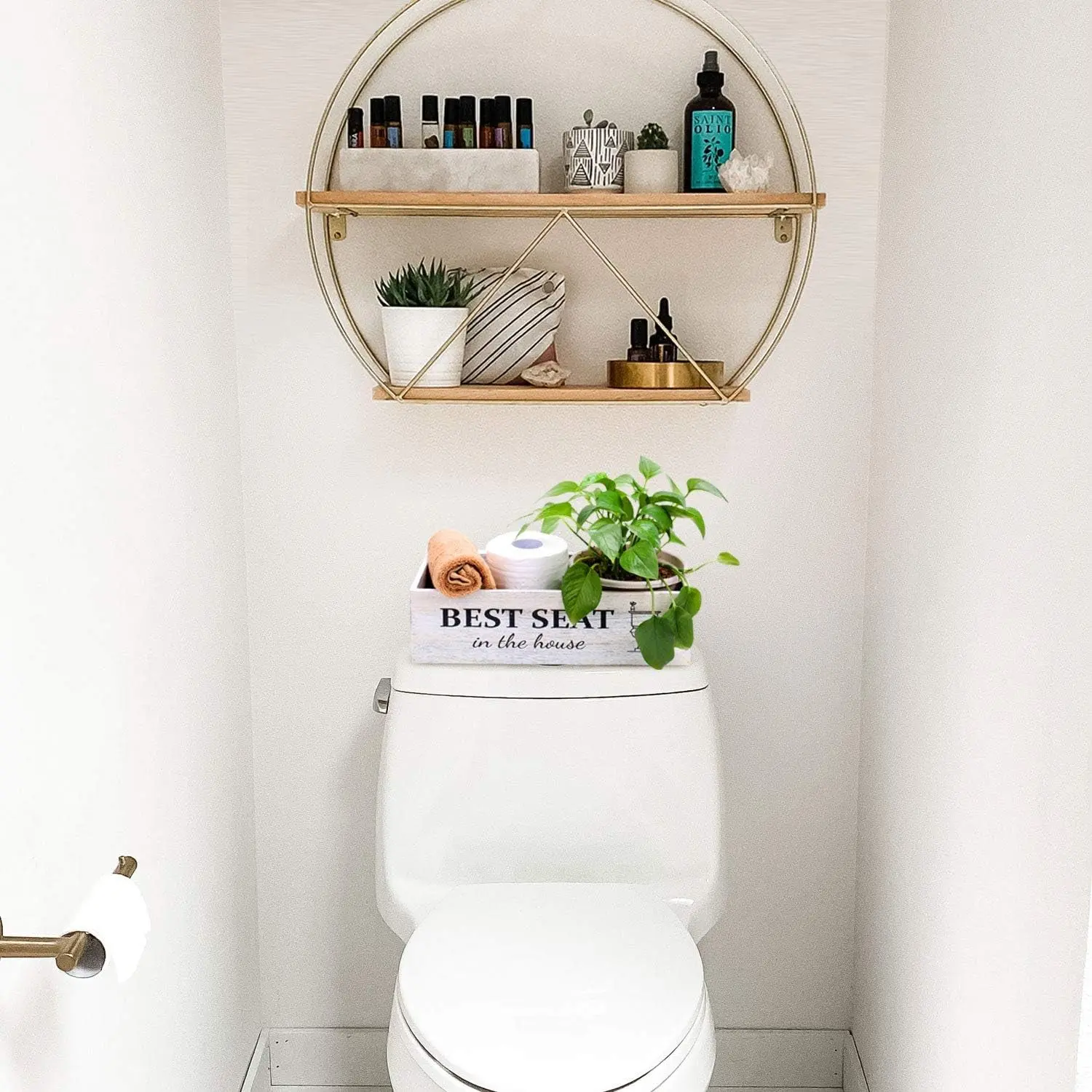 Rustic Whitewashed Bathroom Box – Double-Sided Sign Toilet Tank Basket