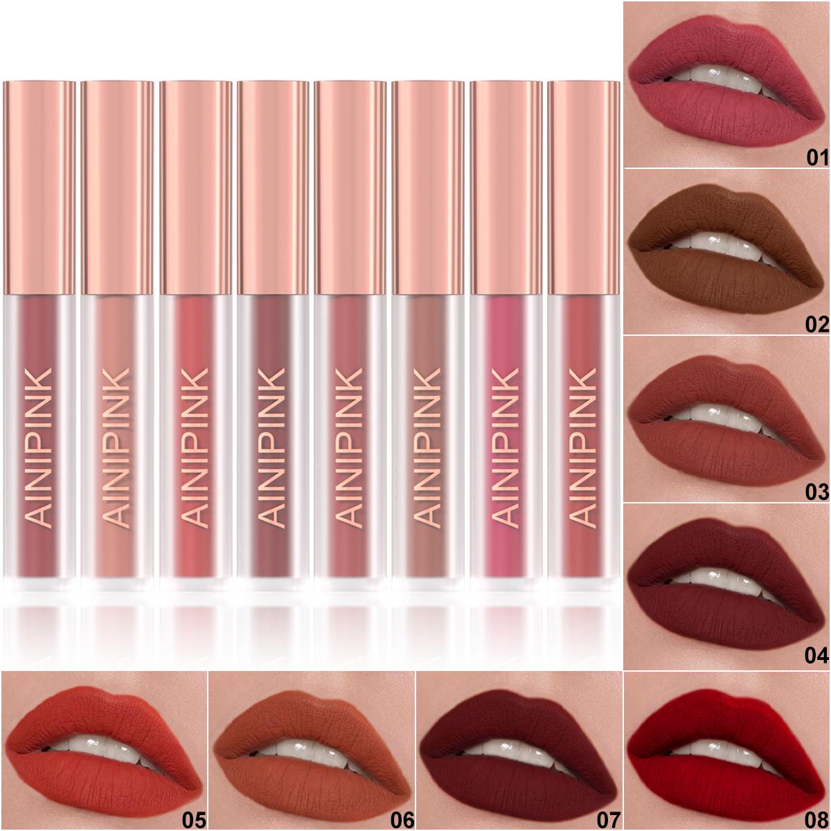 AINIPINK 8-Piece Long-Wearing Matte Velvet Lip Makeup Set, Waterproof & Smudge-Proof, Long-Lasting Cosmetics for Women