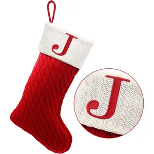 20 Inches Christmas Stockings with Initials, Large Embroidered Letter Knit Christmas Stocking for Family Holiday Decorations and Xmas Gift (J, Red)