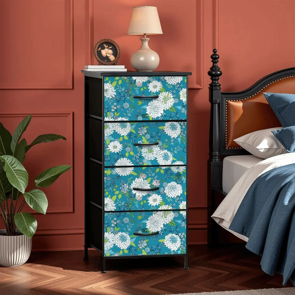 Chinoiserie Floral Teal Green White Elegant 4-Drawer Dresser