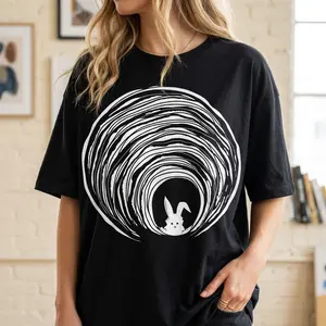 White Rabbit Down The Hole Minimalist Graphic Tee, Alice in Wonderland Inspired Print, Casual Black Cotton Top, Stylish Summer Wear Ideal For Book Lovers Daily Outfit