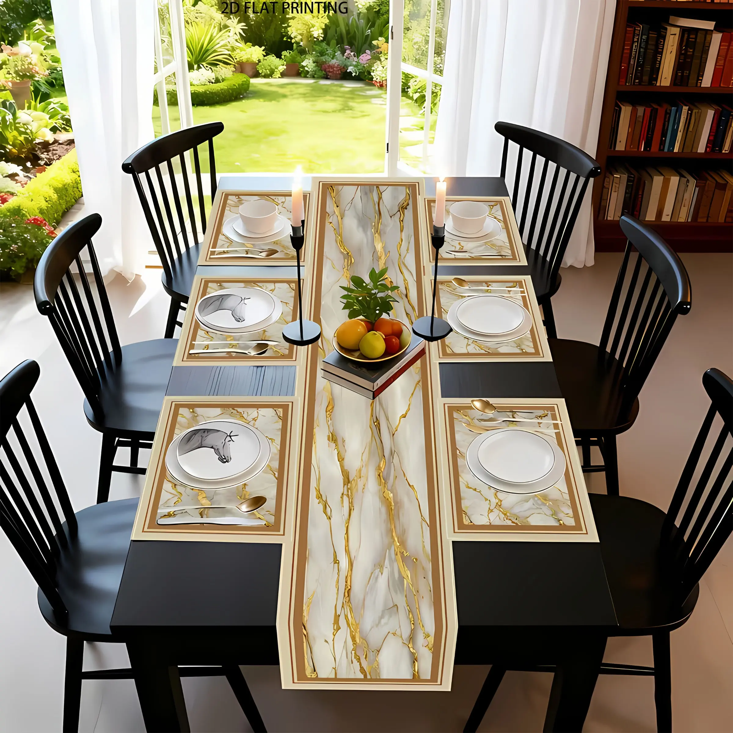 2D flat printing, 1 piece/4 pieces/6 pieces/8 pieces/5 pieces/7 pieces table flag placemat set, elegant and simple marble design, modern style, suitable for kitchen and dining rooms, coffee, weddings, family gatherings, holiday decoration