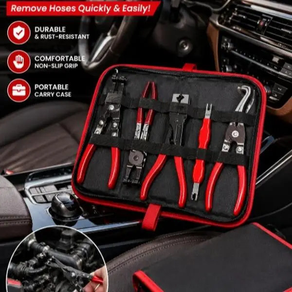 5-piece set of automotive electrical disconnect pliers, including tools for disconnecting car electrical connectors, separating connectors, and handling hose clamps, suitable for car and truck repair.