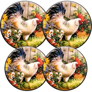 Gas Stove Cover Stove Plate Electric Oven Set, 4 Piece Farmhouse Rooster Design, Round 8/10 Inch, Durable & Stylish Kitchen Accessory