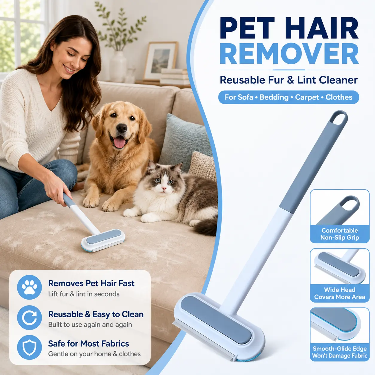 4 in 1 Window Cleaning Tool with Squeegee and Microfiber Sponge, Long Handle Glass Cleaner for Windows, Mirrors, Shower Doors, Car Windshields, Home Bathroom Kitchen Cleaning Brush, Streak Free Water Wiper, Household Cleaning Supplies