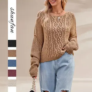Round Neck Cable Knit Sweater for Women Loose Fit Solid Color Soft Cozy Fall Winter Top 158 Knitwear Womenswear winter long sleeve top single wear Women's Chunky Knit Cardigan versatile outerwear