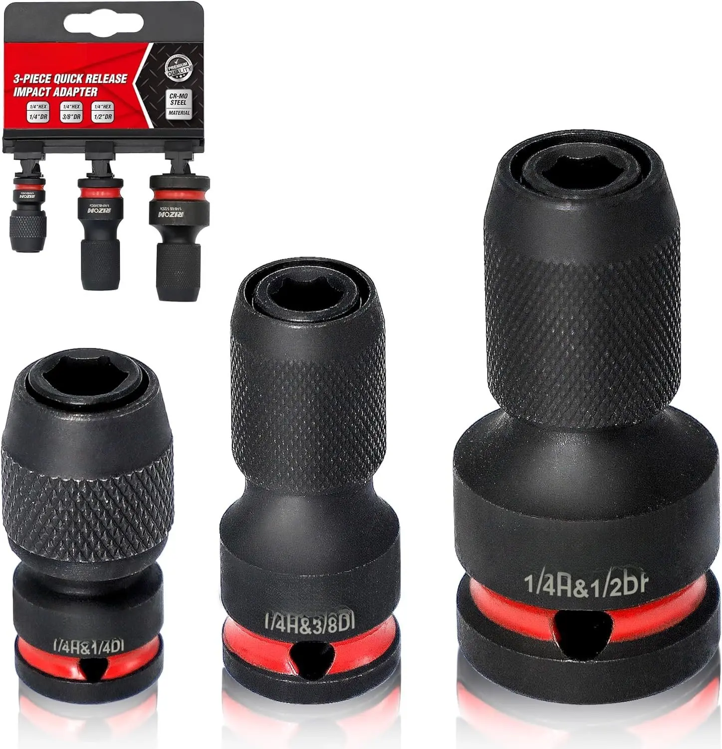 3- Quick Release Impact Bit Holders, 1/2 3/8 1/4-Inch Square Drive to 1/4-Inch Hex Shank Converter, Impact Wrench Adapters for Ratchet Wrench Drivers, Impact Wrench