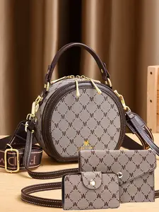 Women's Fashionable Geometric Pattern Round Crossbody Bag & Wallet & Pouch Set, Casual Versatile Pu Leather Bag Set, Trendy High-quality Daily Commuting Bag Set, Fashionable Patterned Bag