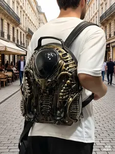 Trendy Alien Head Backpack, Dark Mechanical Style, Unisex Punk Book Bag, Sci-Fi Travel Bag, Streetwear Fashion, Movie Inspired Design