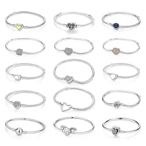 Original 925 Sterling Silver Bracelets Bangles Love Heart Clip Charms Beads Snake Chains For Women Rose Gold DIY Luxury Jewelry